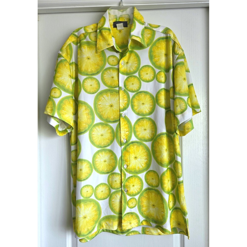 VTG High Seas Trading Co Lemon Lime Citrus Fruit Print Button Down Shirt Sz L
